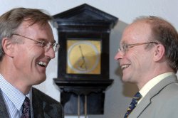 Professors Alan Torrance (left) and Eric Priest (right) with a rare clock gifted to the University by Professor James Gregory in 1673 (Photo: Alan Richardson, Pix-AR).